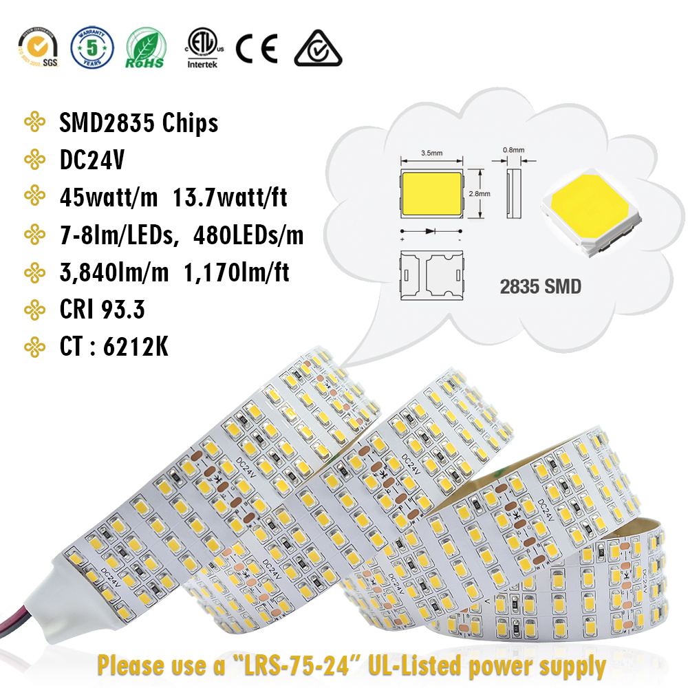 The World Brightest Quad Row Flexible LED Tape Lights - DC24V 2835 White High CRI LED Strip Light For LED Industrial and Photographic Lighting (1m/3.28' Daylight White)